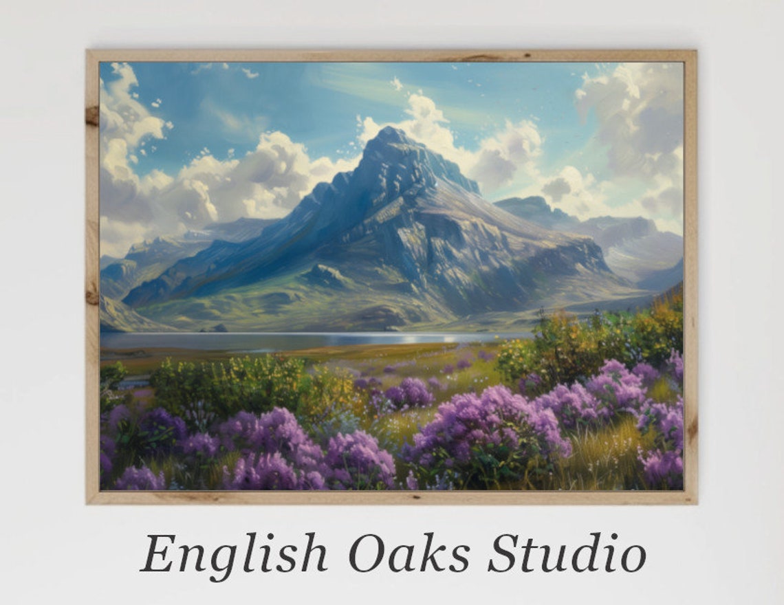 Purple Wildflowers By A Mountain Lake Beneath Towering Peaks Poster