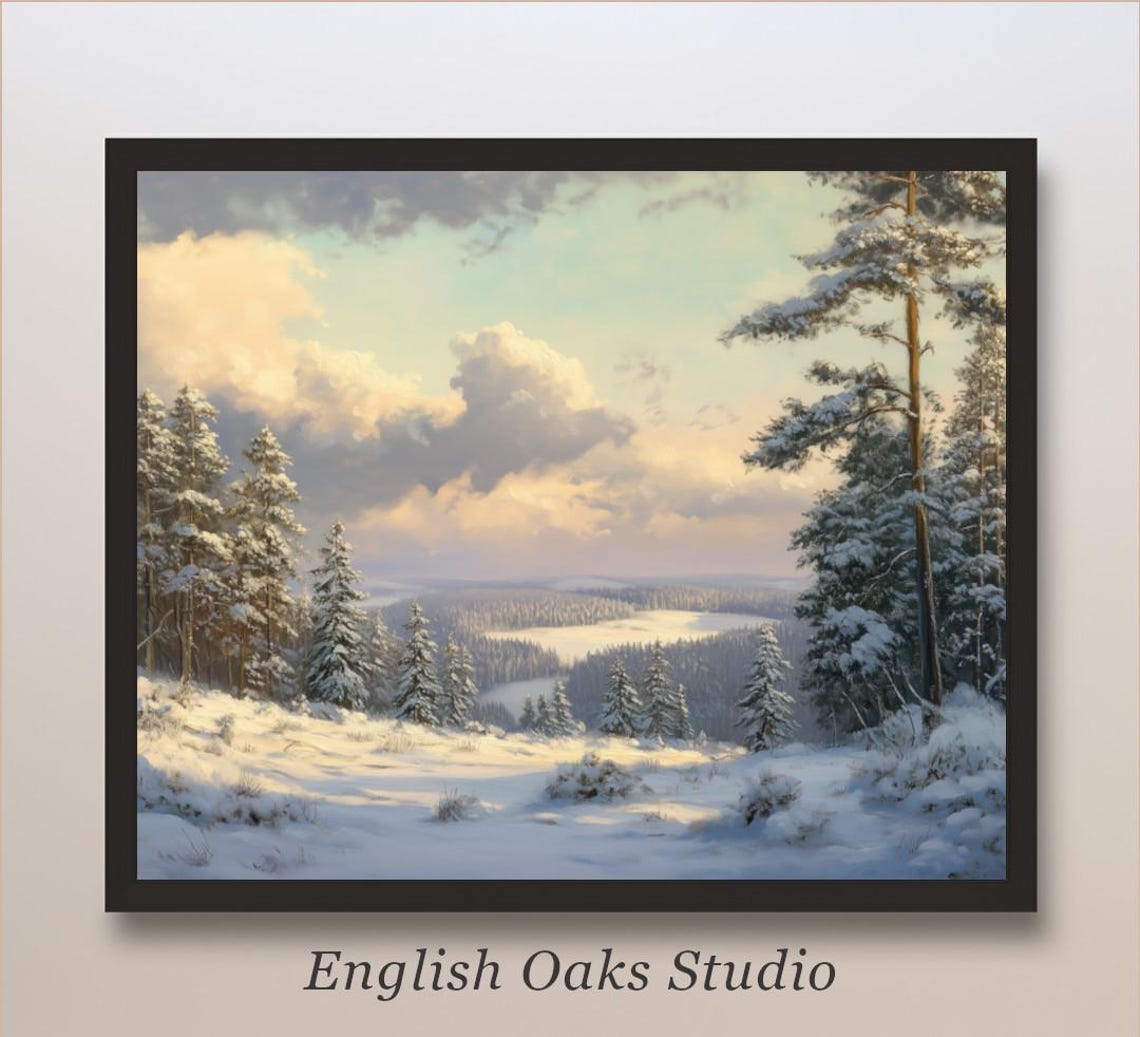 Sunlit Snowy Pine Forest with Distant Valley Winter Scene Poster