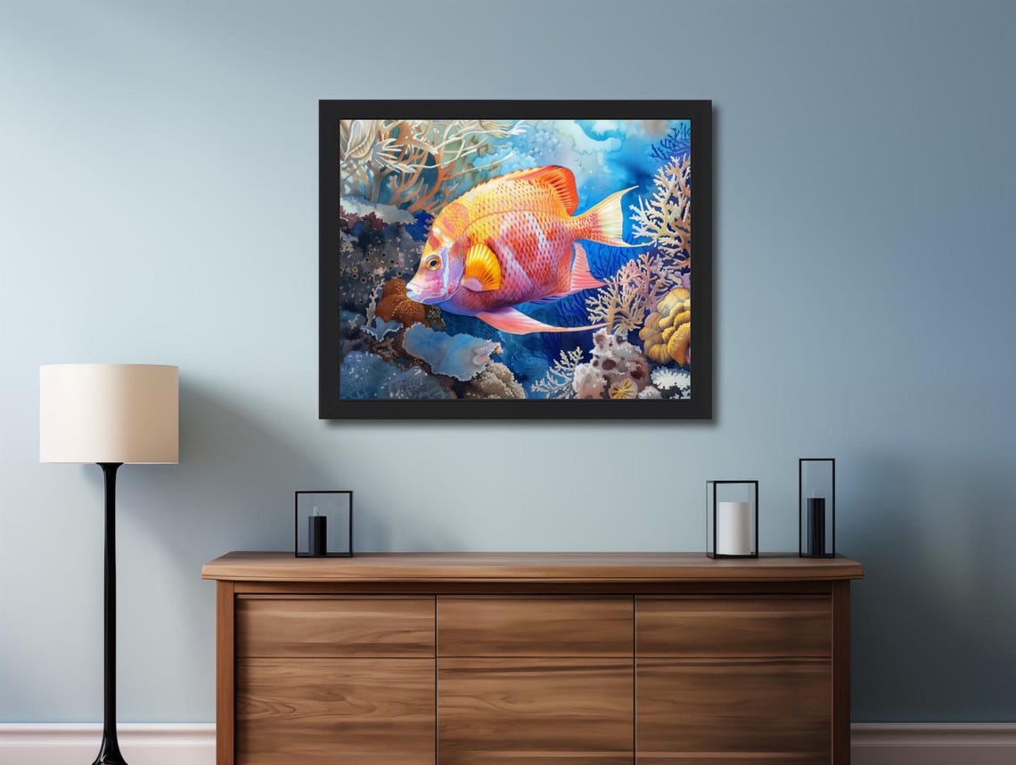 Orange And Pink Tropical Fish Among Corals Ocean Watercolor Art Poster - Image 2