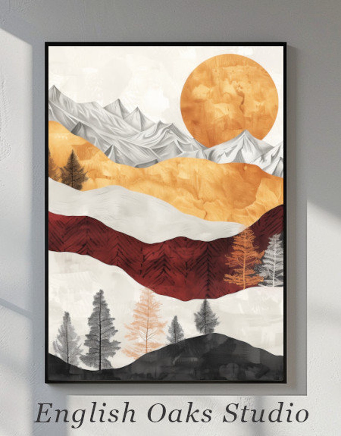 Mid Century Modern Sun Hills Mountain Abstract Boho Wall Art