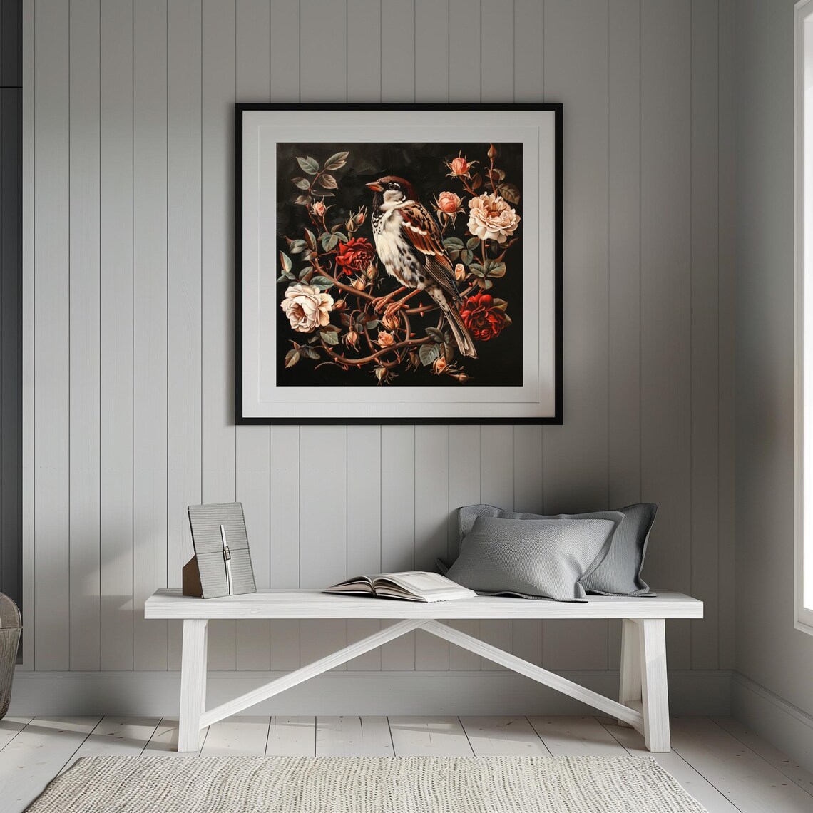 Sparrow on Rose Vine Dark Moody Floral Birds Botanical Vintage Poster - Image 2