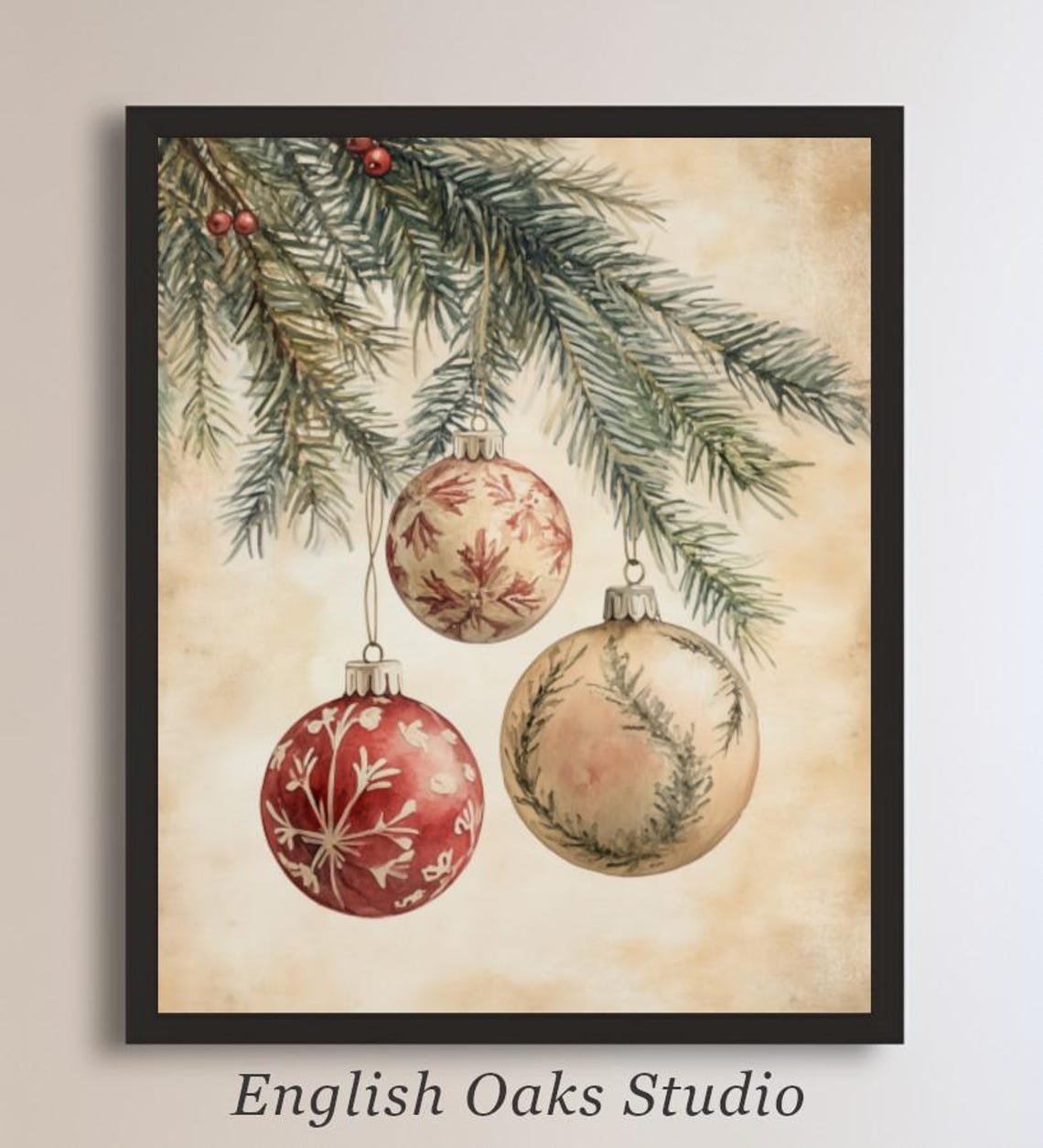 Red and Cream Christmas Ornaments Hanging from Pine Branch Poster