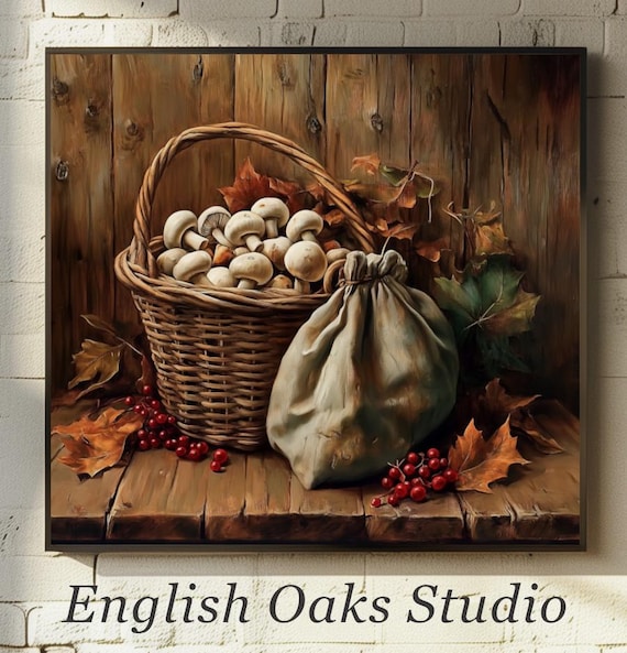 Basket of Mushrooms with Cloth Sack and Berries Rustic Autumn Still Life Poster