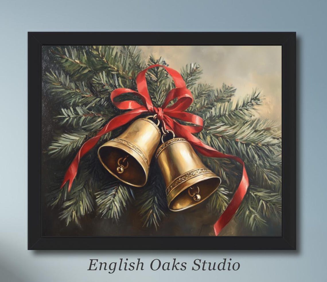 Vintage Brass Jingle Bells with Red Ribbon on Pine Branches Poster