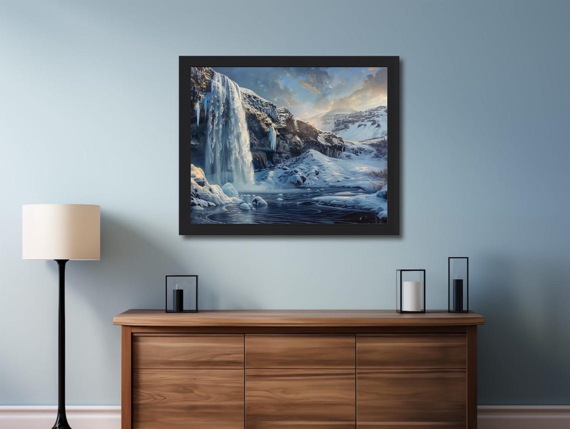 Frozen Waterfall in Snowy Mountain Valley Winter Landscape Art Poster - Image 2