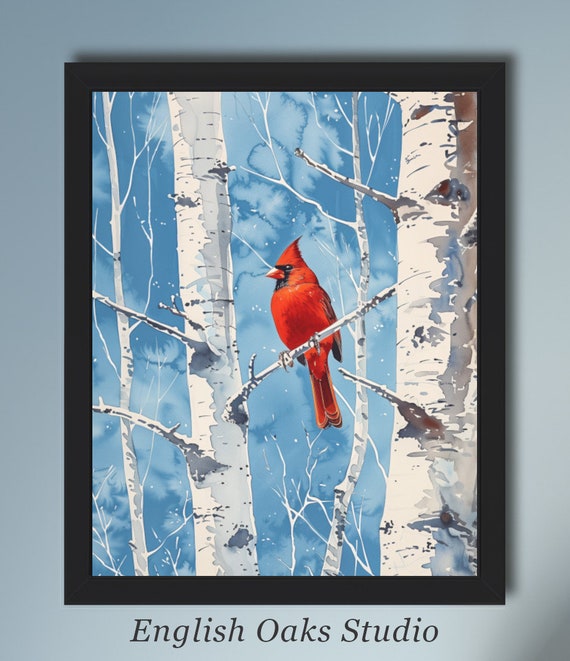 Cardinal In A Birch Forest, Vintage Farmhouse Art Print