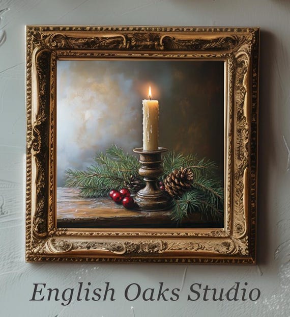 Moody Rustic Winter Candle Red Berries Pinecone And Greenery On A Vintage Wooden Shelve Painting Christmas Candle Art Still Life Print