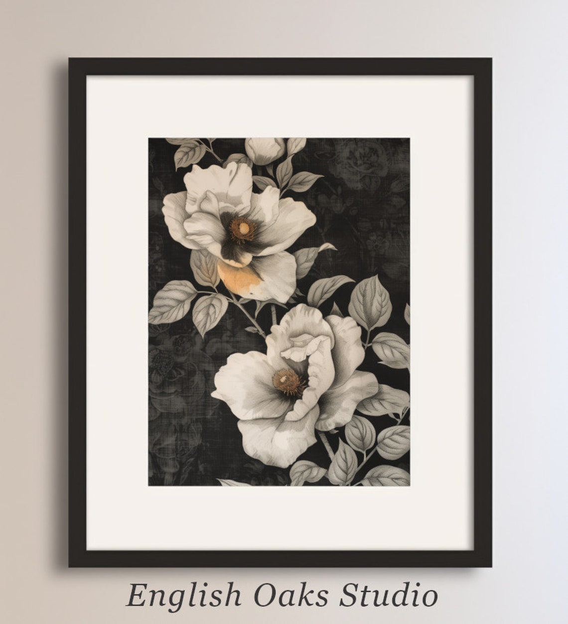 White Blooms On Black Dark Academia Vintage Moody Floral Poster