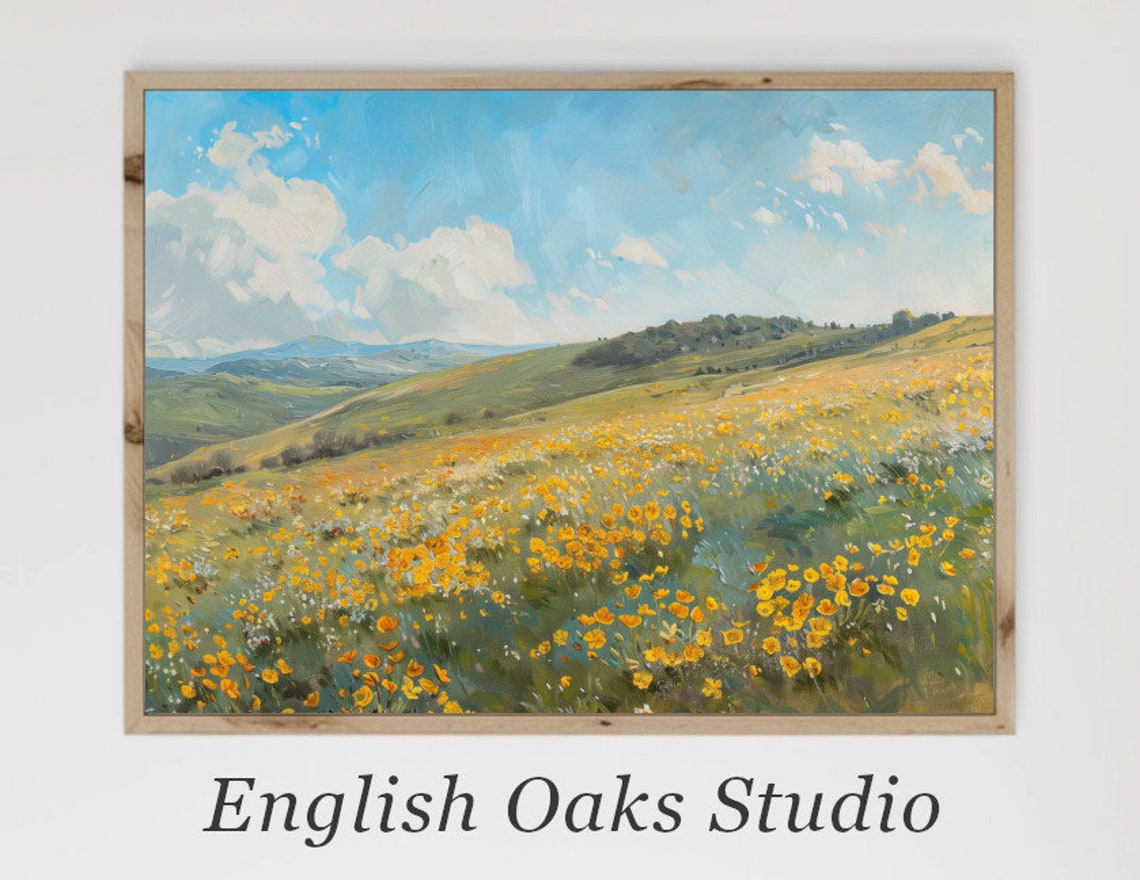 Yellow Wildflower Field Rolling Over Sunny Summer Hills Poster
