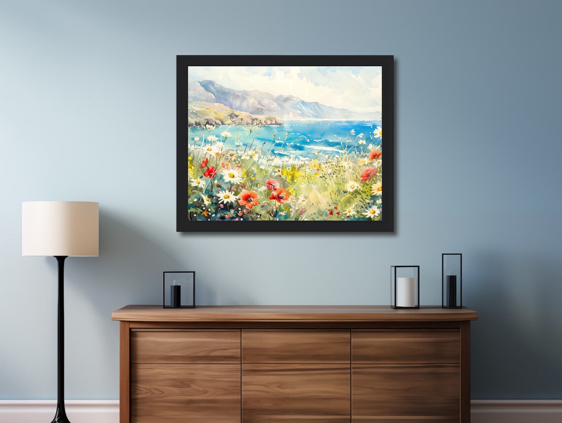 Vivid Coastal Wildflower Field Watercolor With Blue Sea Mountains Poster - Image 2