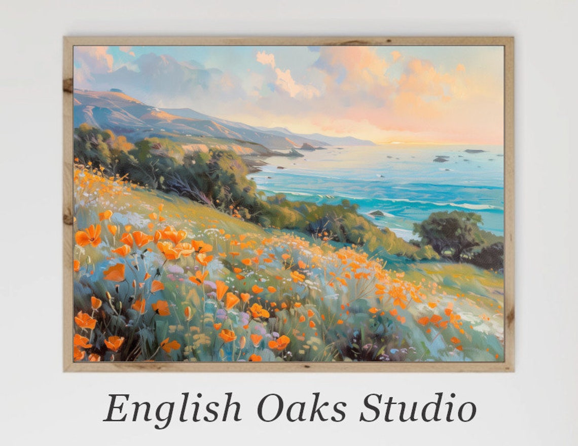 California Poppy Field Hillside Ocean Sunset Coastal Landscape Poster