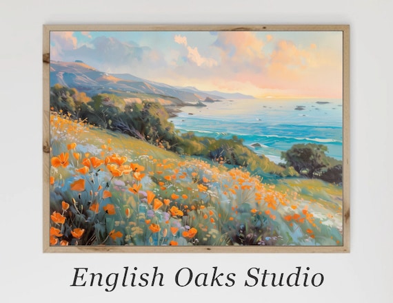 California Poppy Field Hillside Ocean Sunset Coastal Landscape Poster