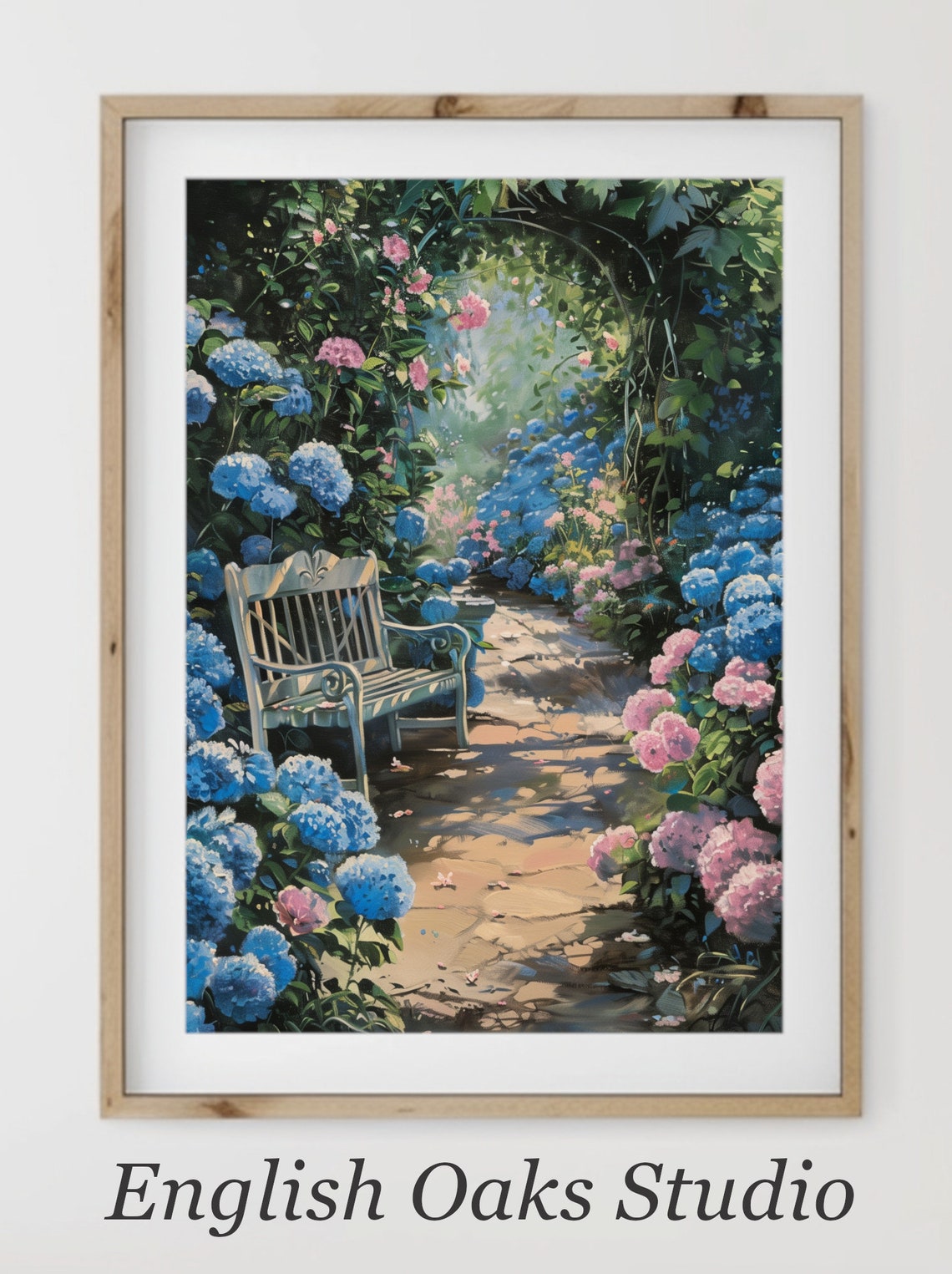 Blue Pink Hydrangea Garden Path Bench Sunlit Flower Archway Poster
