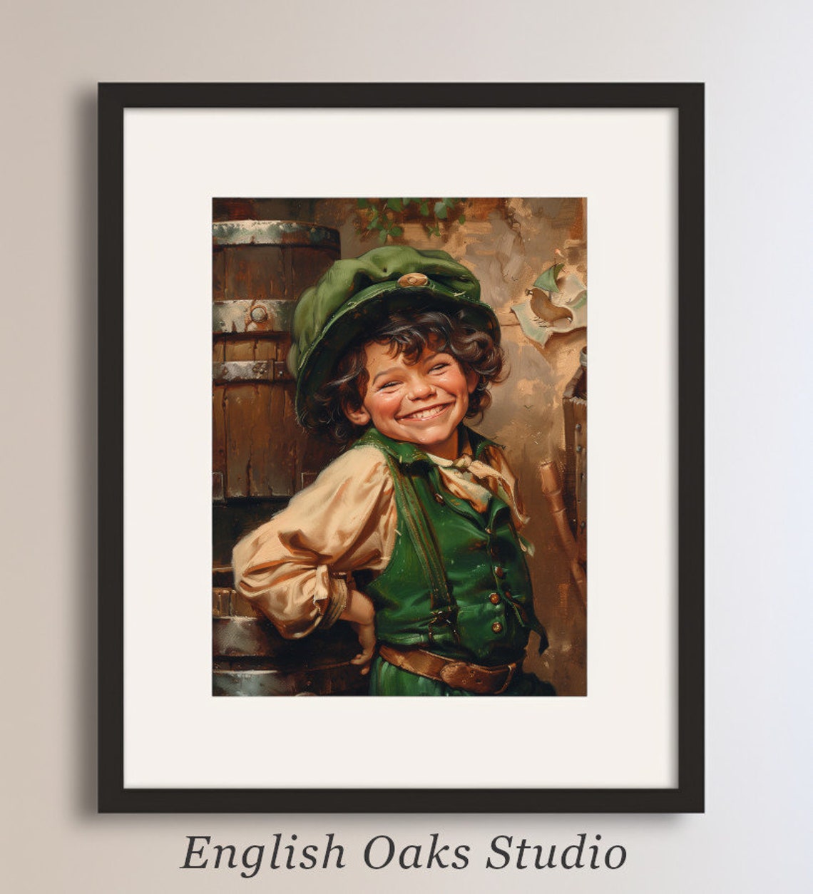 Smiling Irish Boy in Green Hat Leaning on Barrel St Patricks Poster