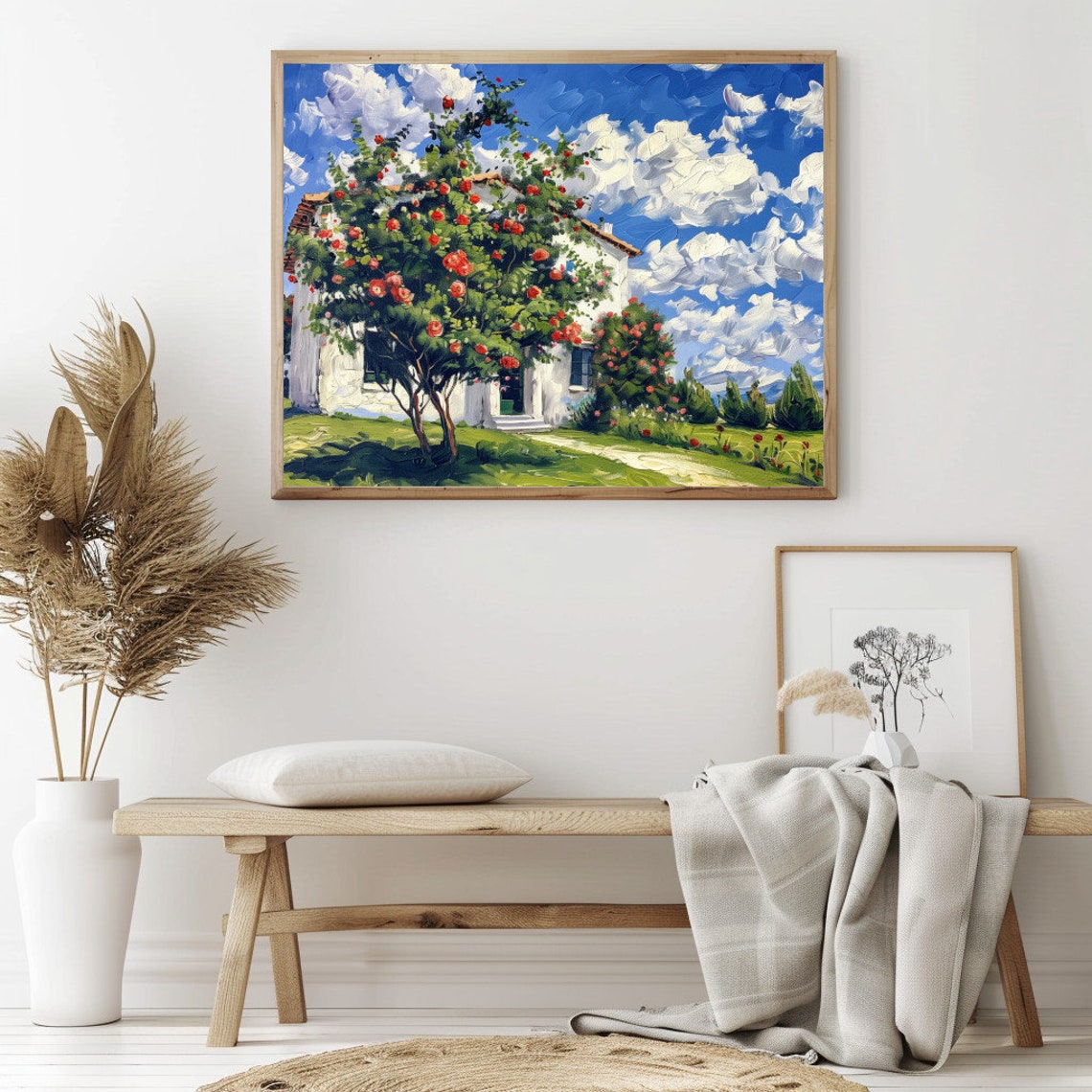 Red Blooming Rose Trees By White Cottage Under Blue Sky Poster - Image 2