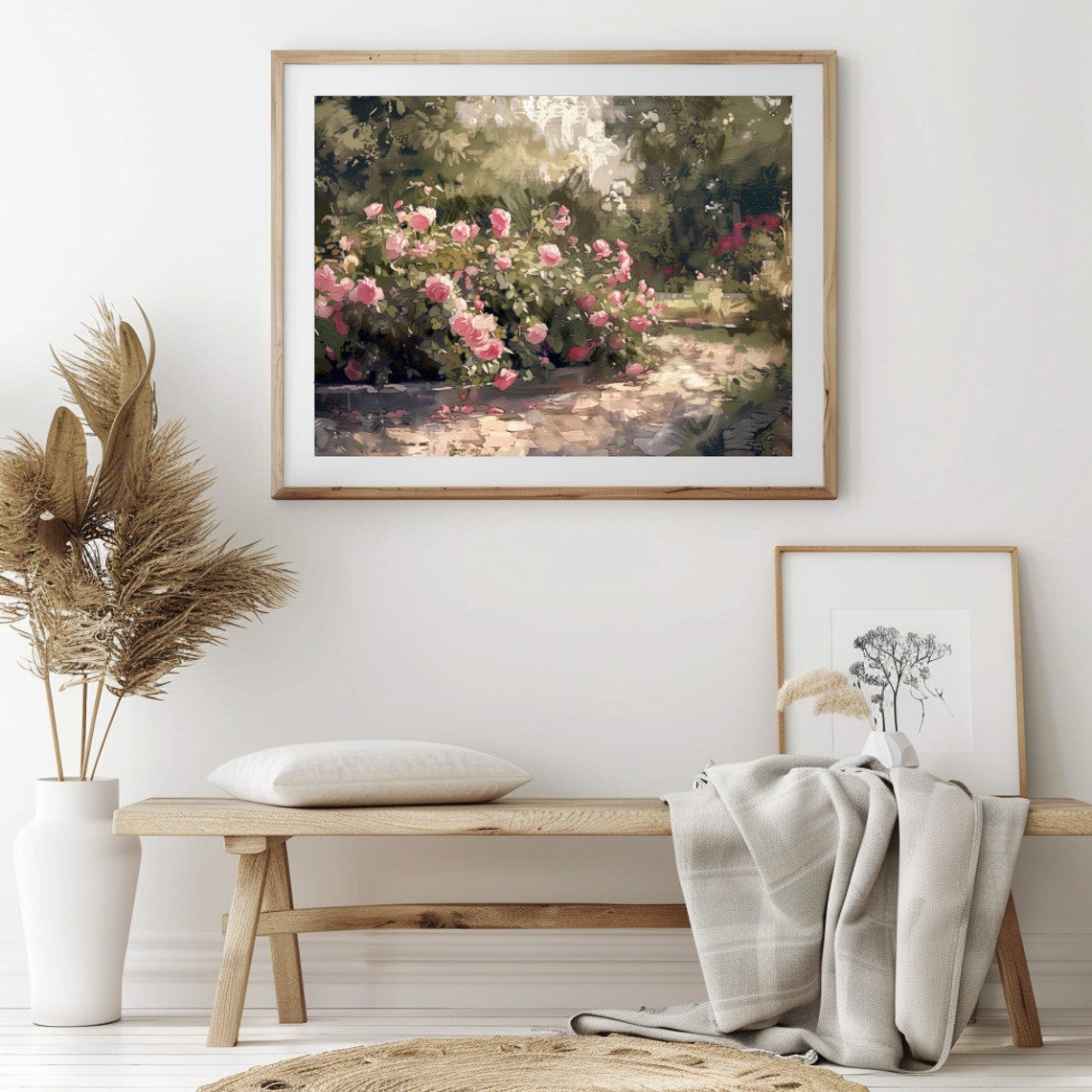 Pink Rose Garden Along A Sunlit Stone Path Vintage Cottage Poster - Image 2
