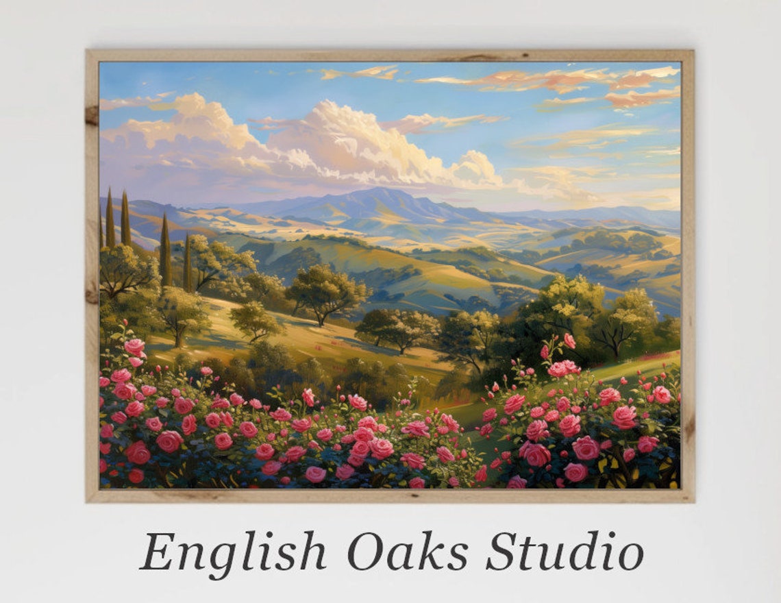 Pink Rose Garden With Cypress Trees And Rolling Hills Summer Poster