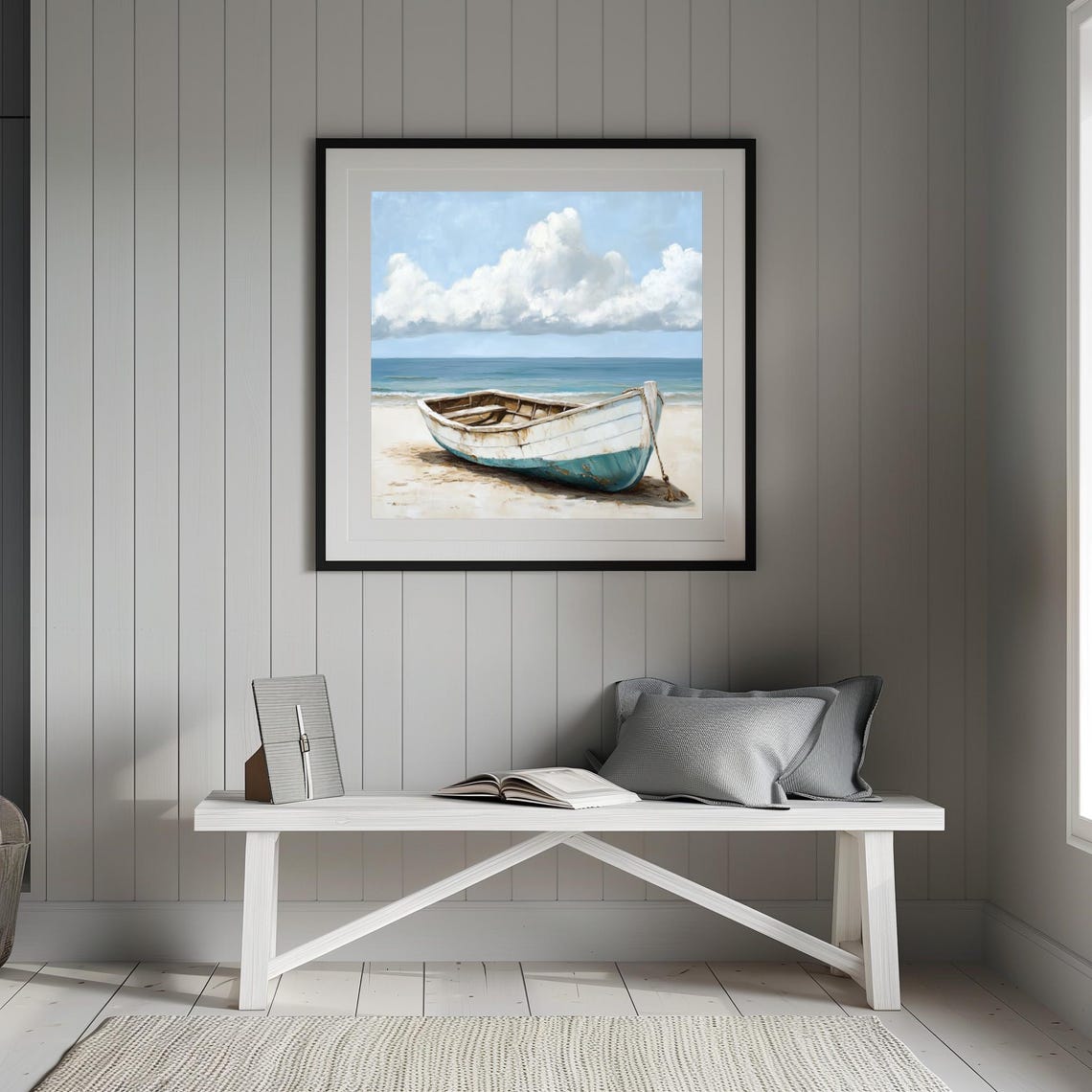 Weathered White Wooden Rowboat On Sandy Beach Calm Sea Poster - Image 2