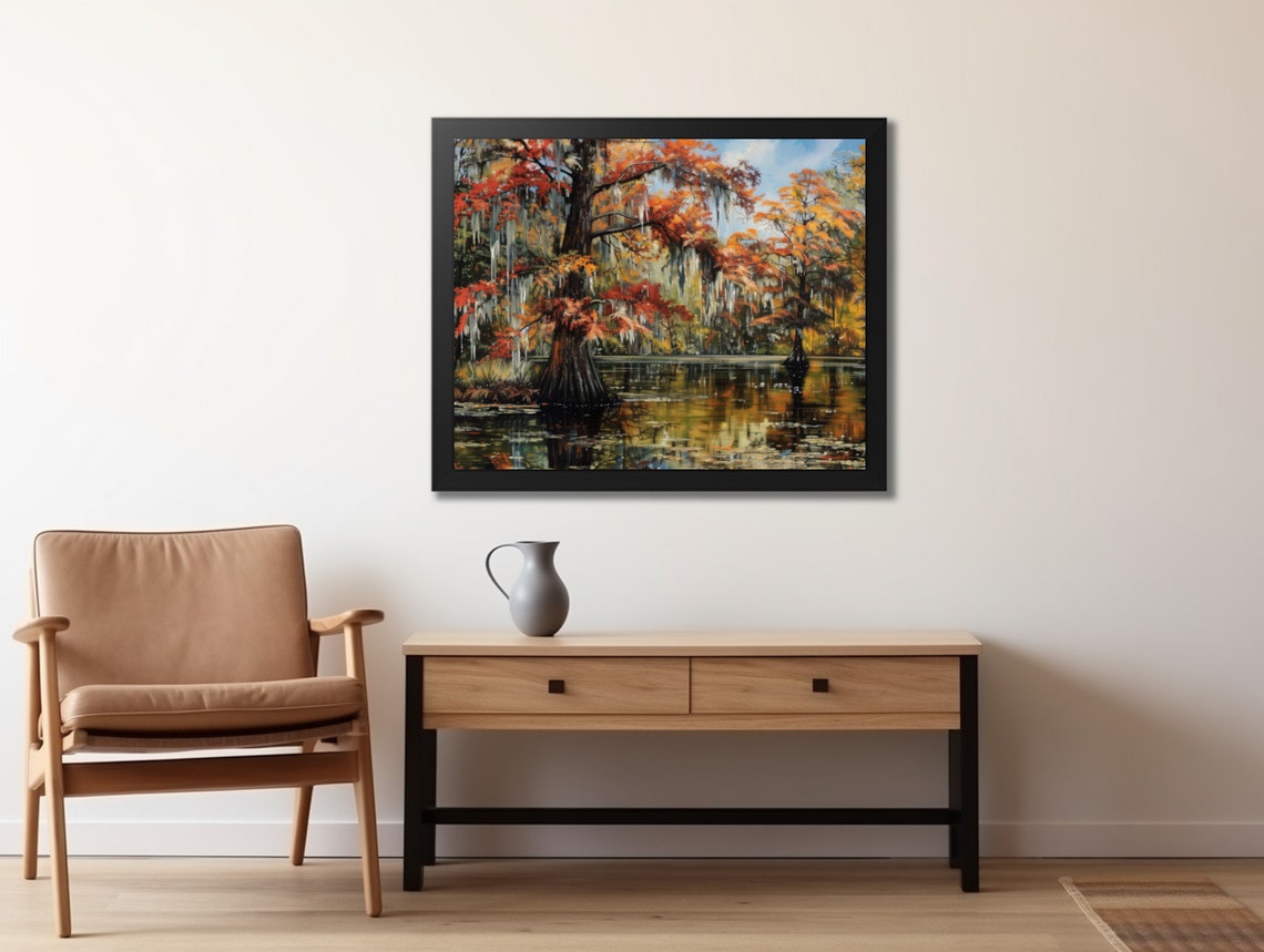Blazing Autumn Cypress Swamp Spanish Moss Water Reflection Poster - Image 2