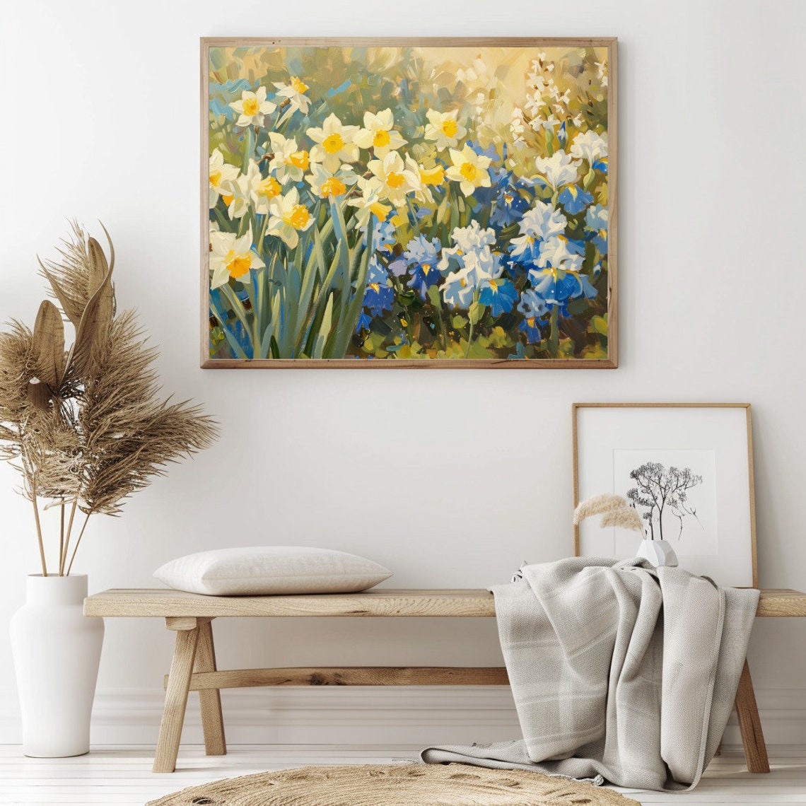 White Daffodils and Blue Irises Impressionist Spring Garden Poster - Image 2