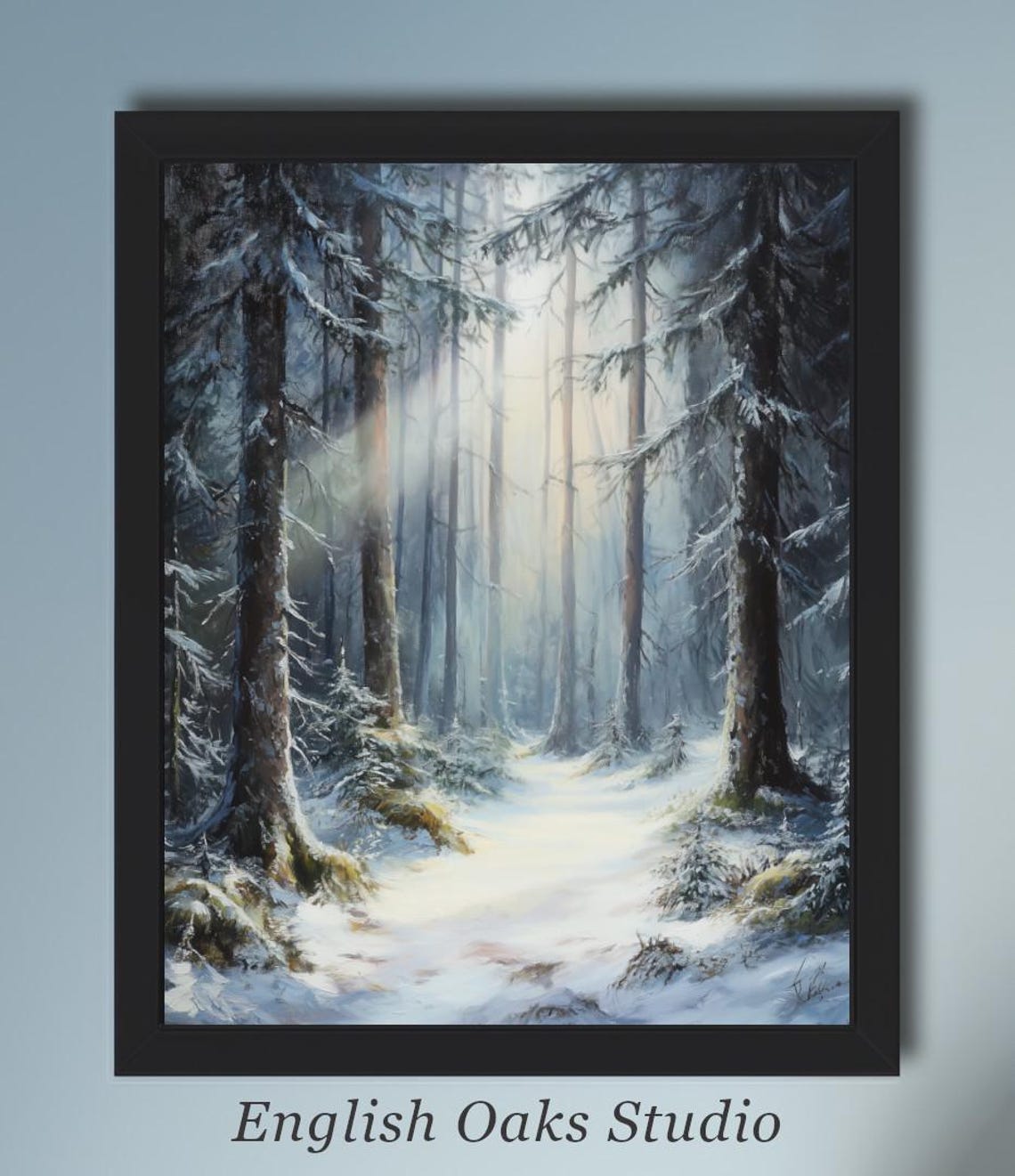 Misty Light Rays Through Snowy Pine Forest Path Winter Poster