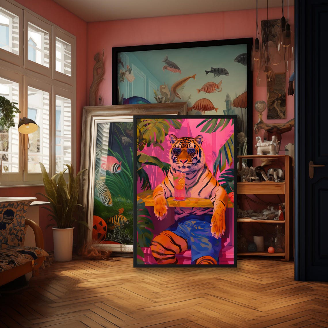 Cool Tiger Sipping a Cocktail at a Pink Tropical Tiki Bar Poster - Image 3