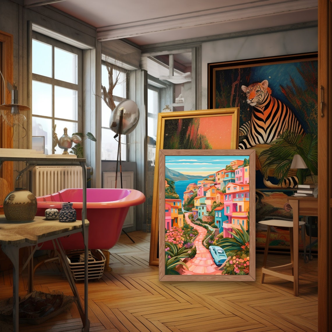 Pastel Mediterranean Coastal Village on Cliffside Art Poster - Image 2
