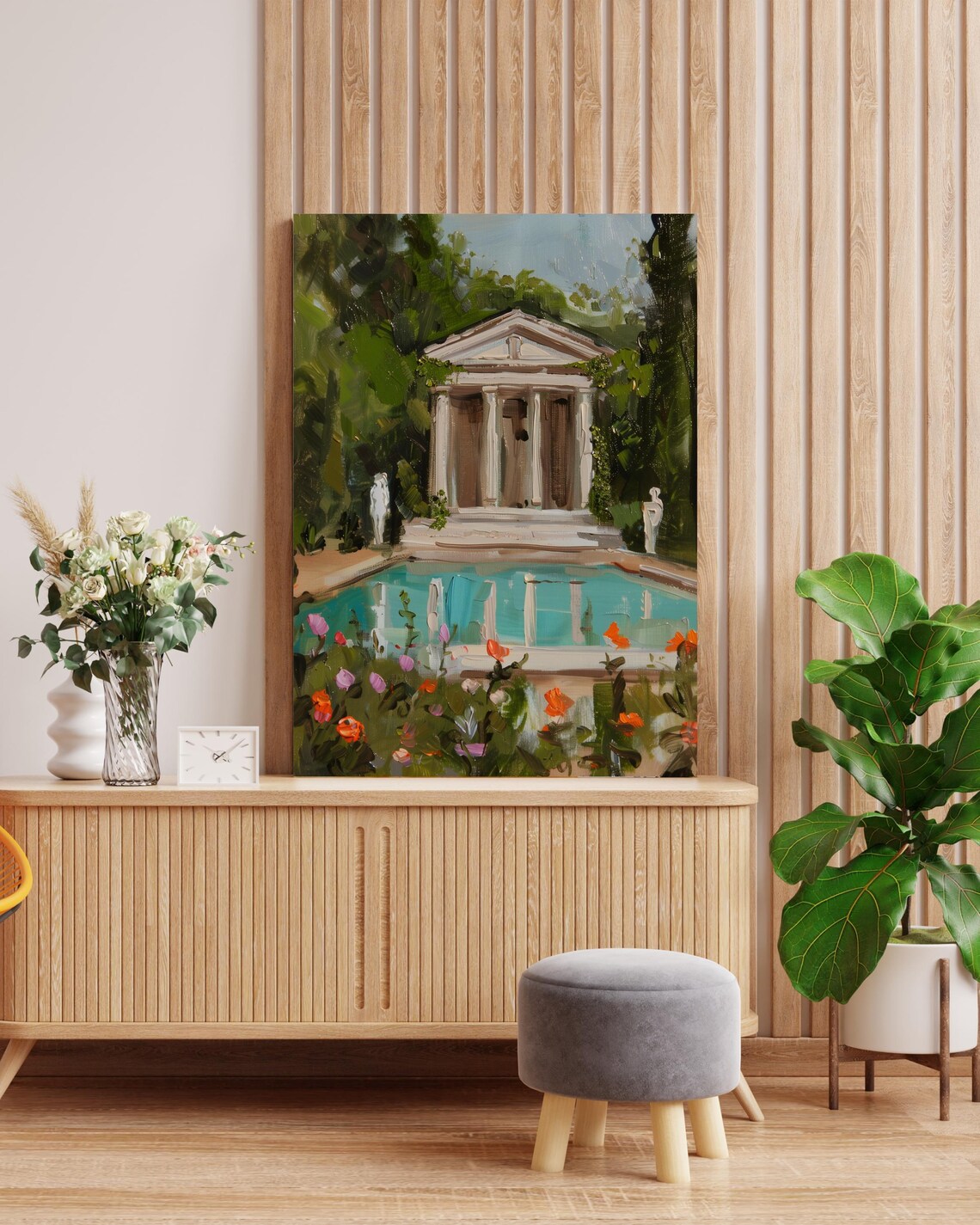 Ancient Greek Temple by a Turquoise Pool in a Flower Garden Poster - Image 3