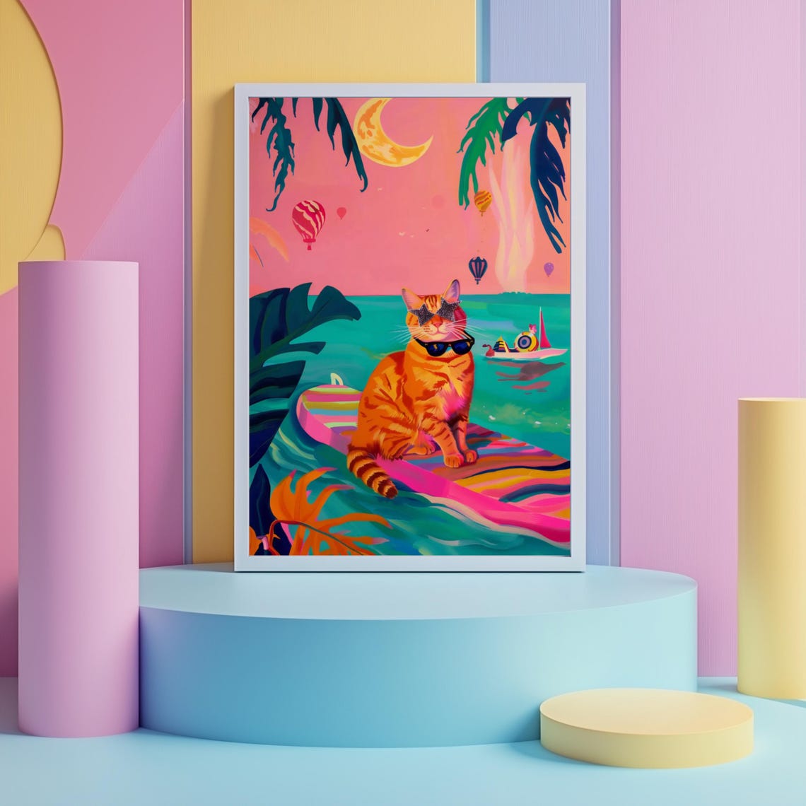 Cool Tabby Cat in Sunglasses Relaxing at a Tropical Beach Art Poster - Image 2