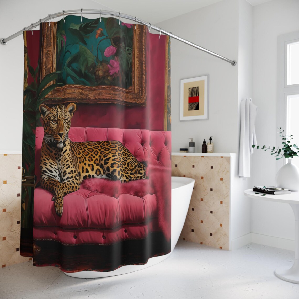 Leopard Shower Curtain, Maximalist Boho Pink Decor