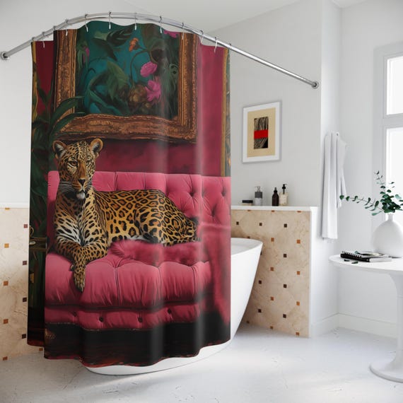 Leopard Shower Curtain, Maximalist Boho Pink Decor