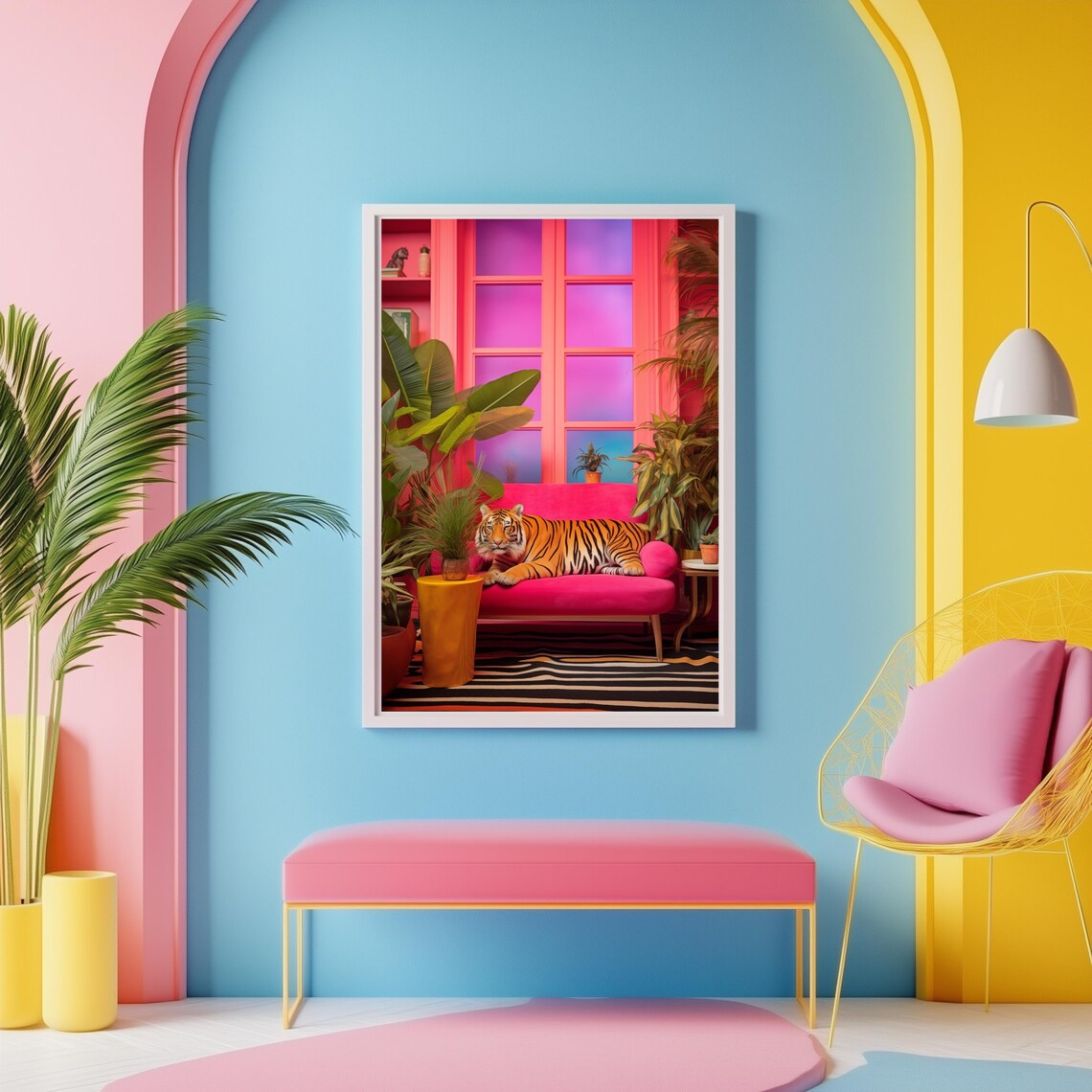 Tiger Lounging On Pink Sofa Maximalist Living Room Art Poster - Image 2