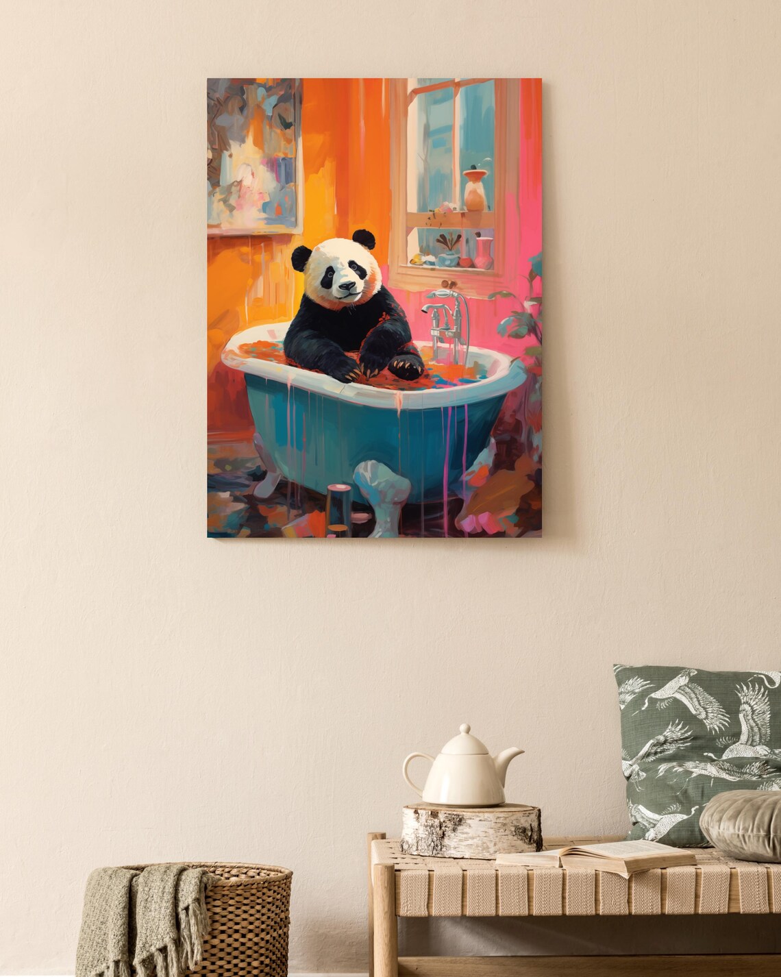 Cheeky Panda Relaxing In A Teal Bathtub In A Colorful Bathroom Poster - Image 3