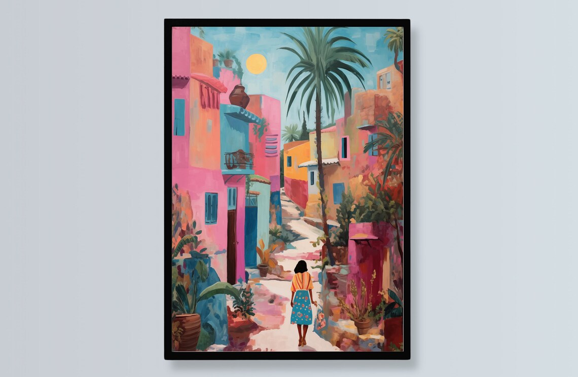 Colorful Moroccan Village Street With Palm Trees Travel Art Poster - Image 2