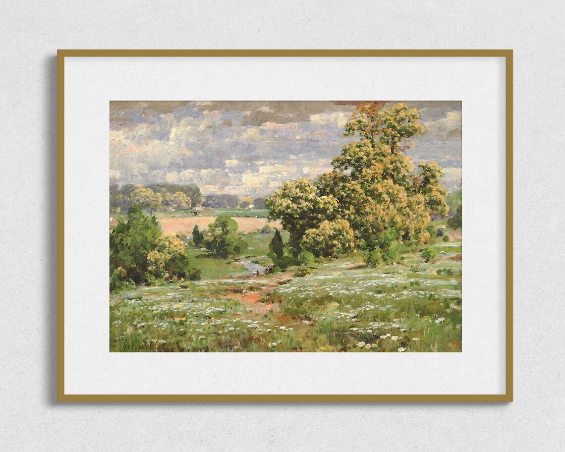 Countryside Meadow Stream Vintage Landscape Oil Painting Poster - Image 2