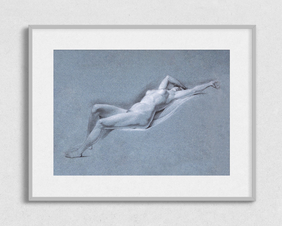 Reclining Female Nude Study Blue Chalk Vintage Figure Drawing Print - Image 2