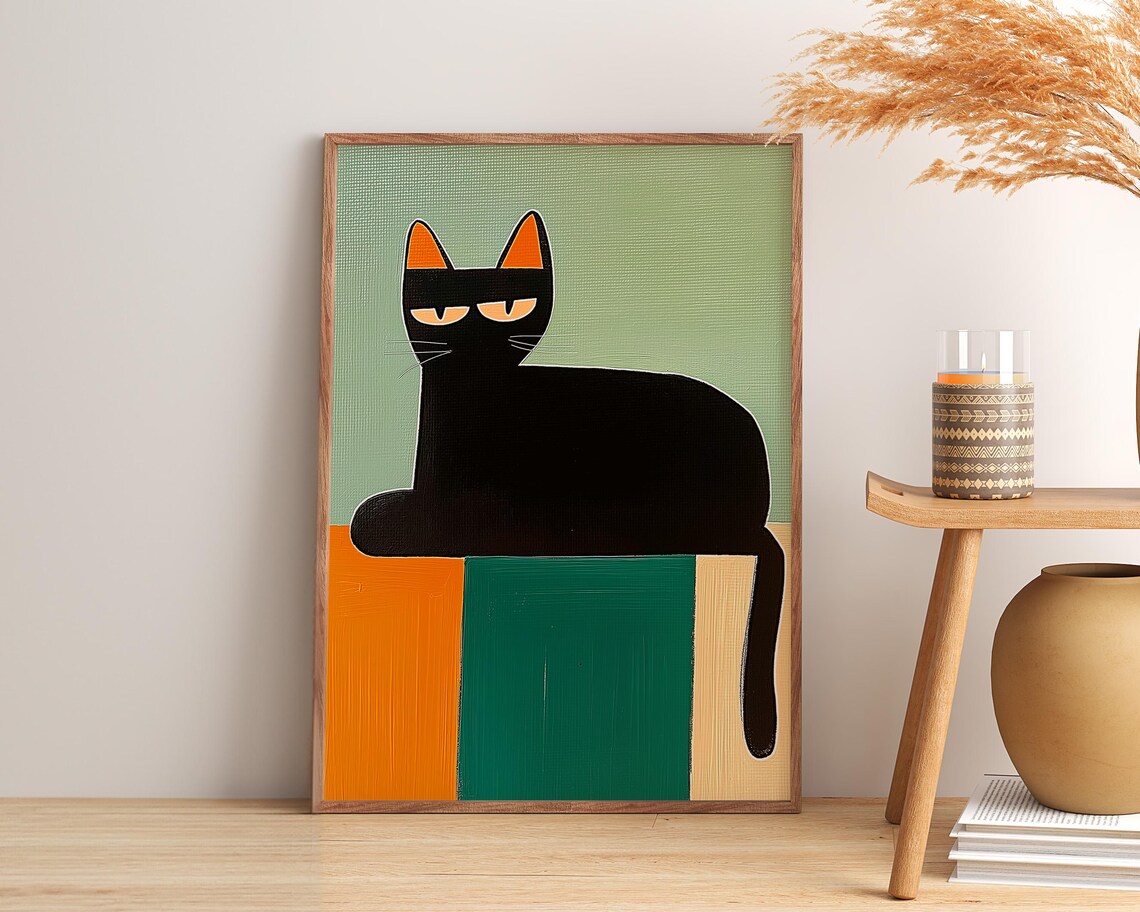 Black Cat Geometric Art Print, Atomic Mid-Century - Image 2