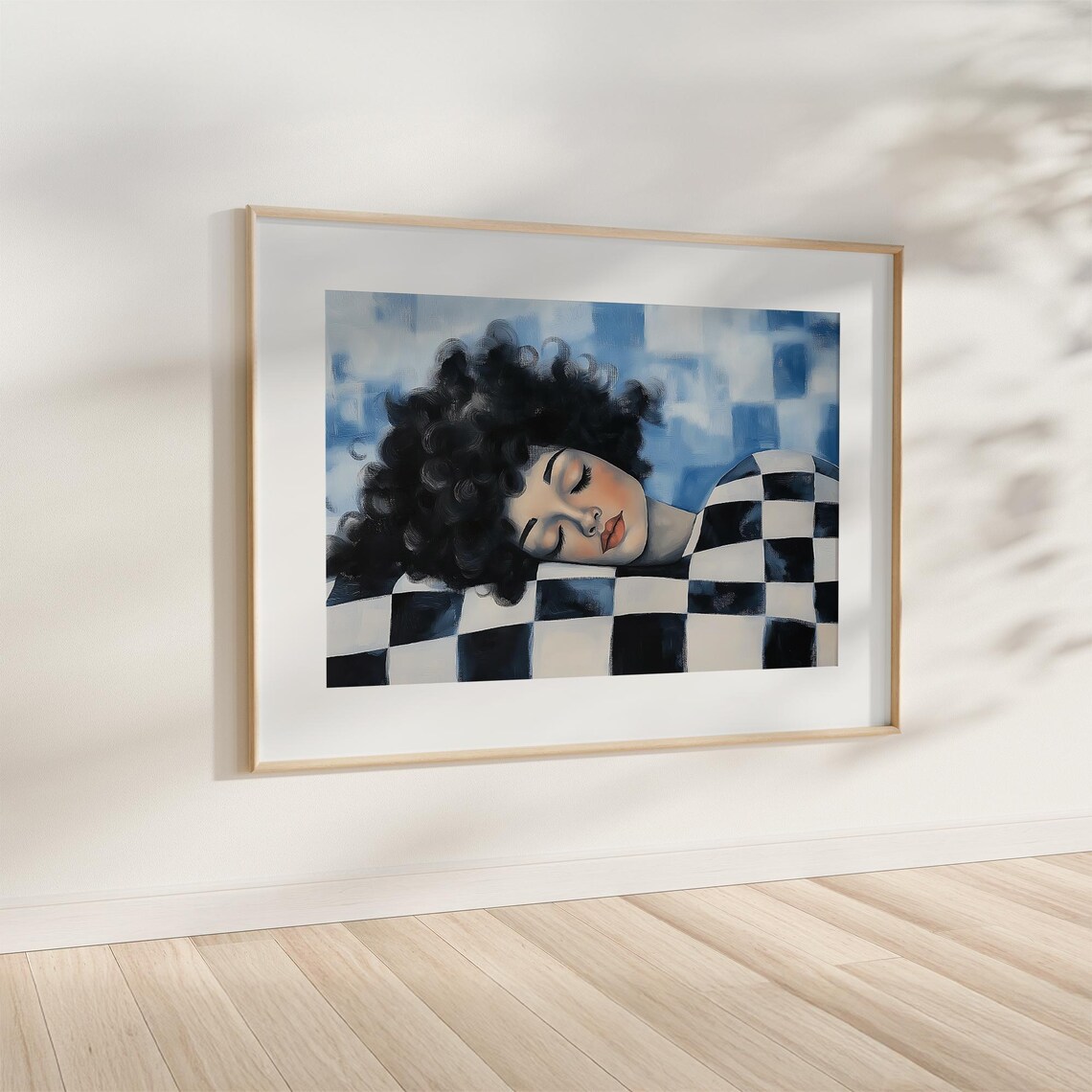 Sleeping Woman with Curly Hair on Blue Checkerboard Art Poster - Image 4