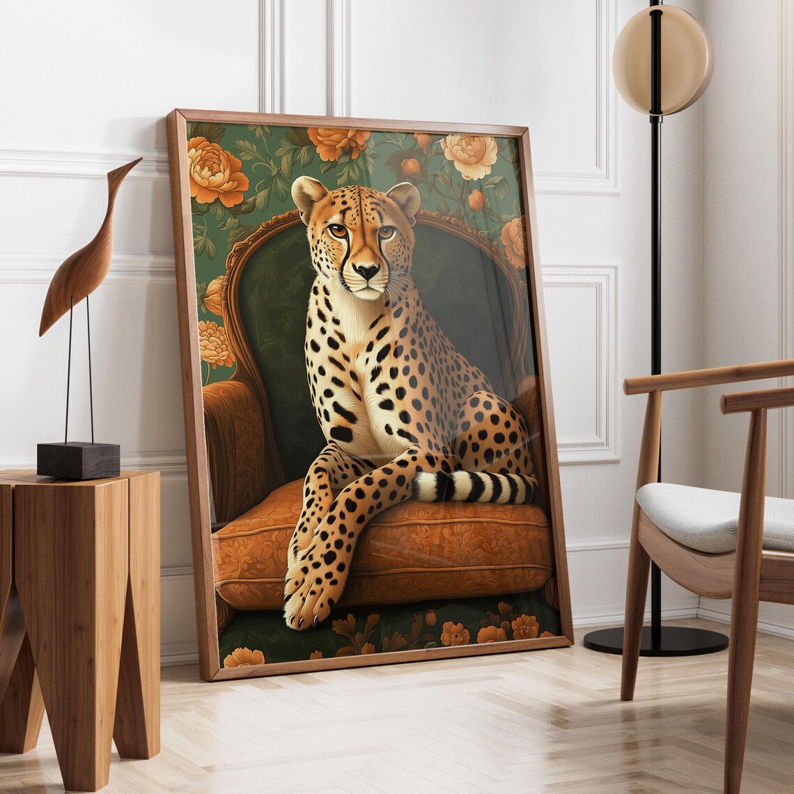 Regal Cheetah Sitting On Ornate Armchair With Floral Wall Art