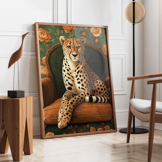 Regal Cheetah Sitting On Ornate Armchair With Floral Wall Art