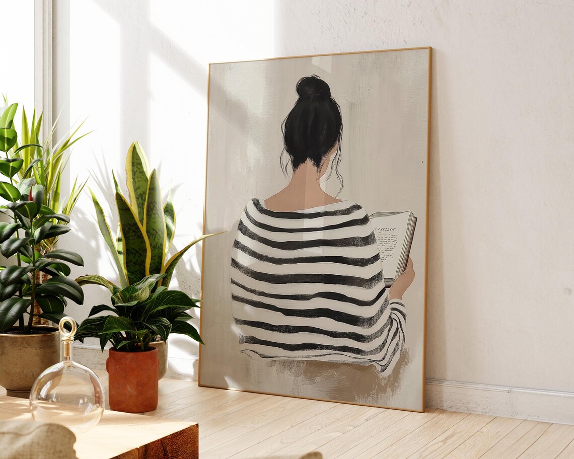 Striped Dress Woman Reading, Minimalist Abstract Portrait - Image 2