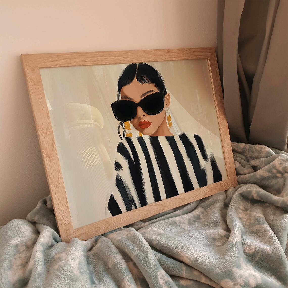 Elegant Woman In Sunglasses With Gold Earrings And Stripes Wall Art - Image 2