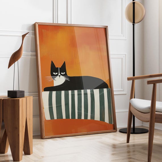 Black Cat In Striped Blanket, Contemporary Art Print