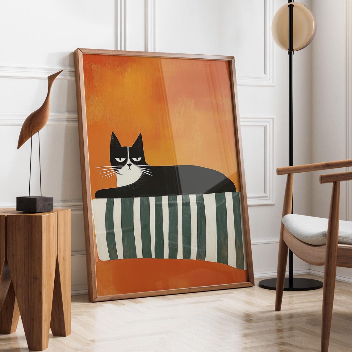 Black Cat In Striped Blanket, Contemporary Art Print