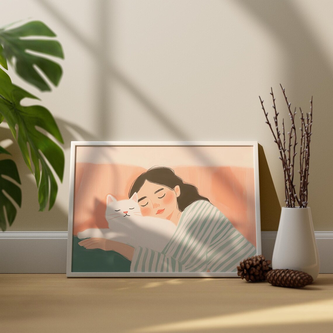 Woman Hugging White Cat in Warm Peach Cozy Illustration Poster - Image 2