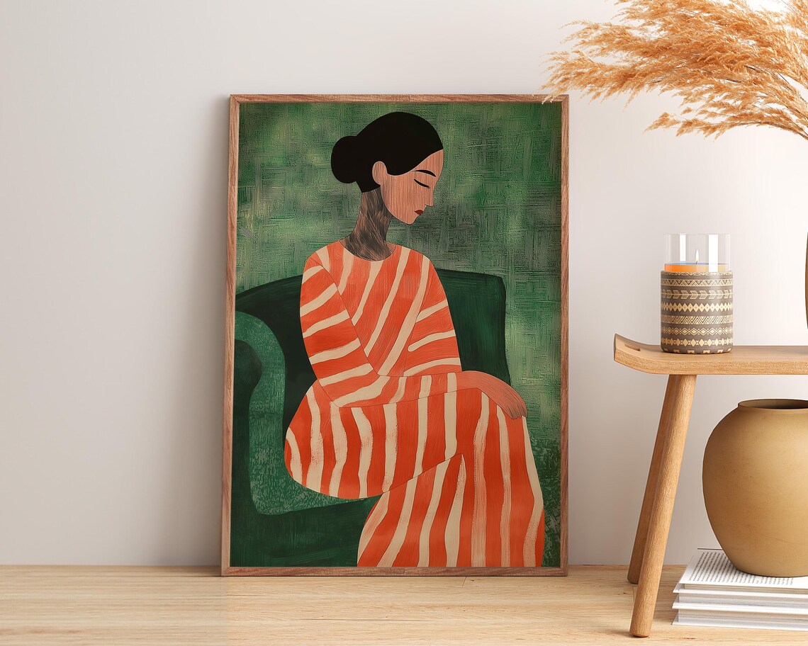 Seated Woman in Orange Striped Dress Green Background Poster - Image 3