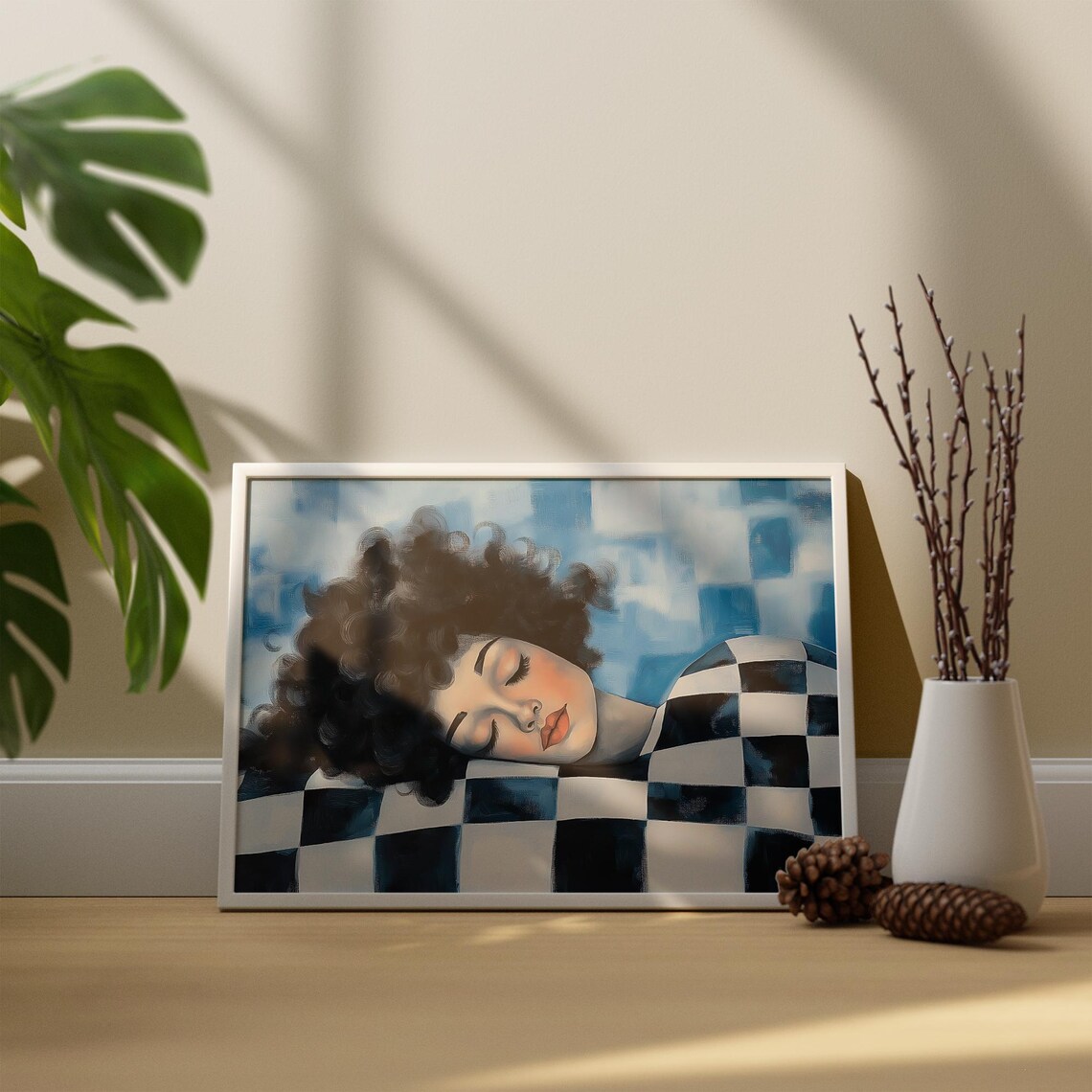 Sleeping Woman with Curly Hair on Blue Checkerboard Art Poster - Image 2