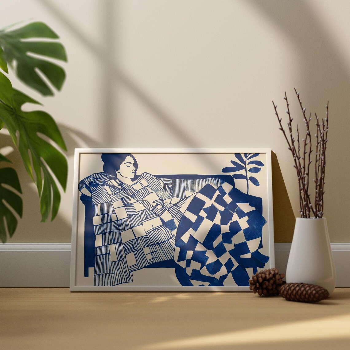 Electric Blue Abstract Modern Woman Relaxing On Sofa Art Print - Image 2