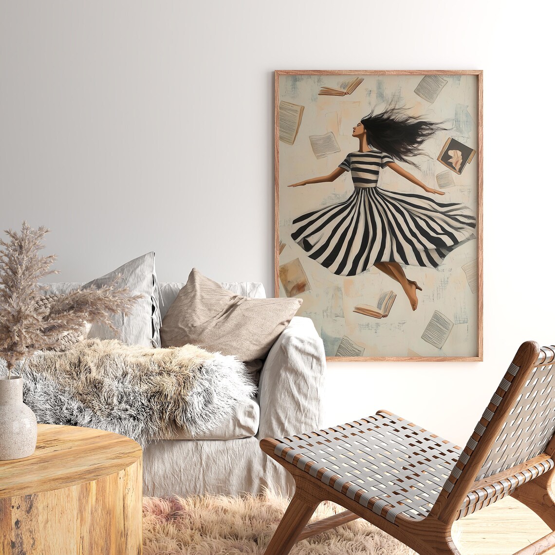 Whimsical Woman Dancing With Flying Books In Striped Dress Poster - Image 2