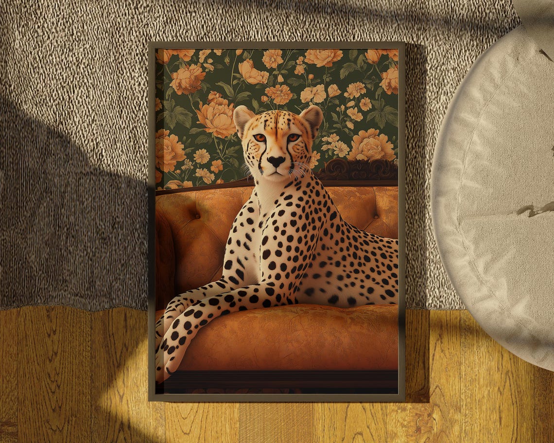 Aristocratic Cheetah on Sofa, Wildlife Art Print - Image 3